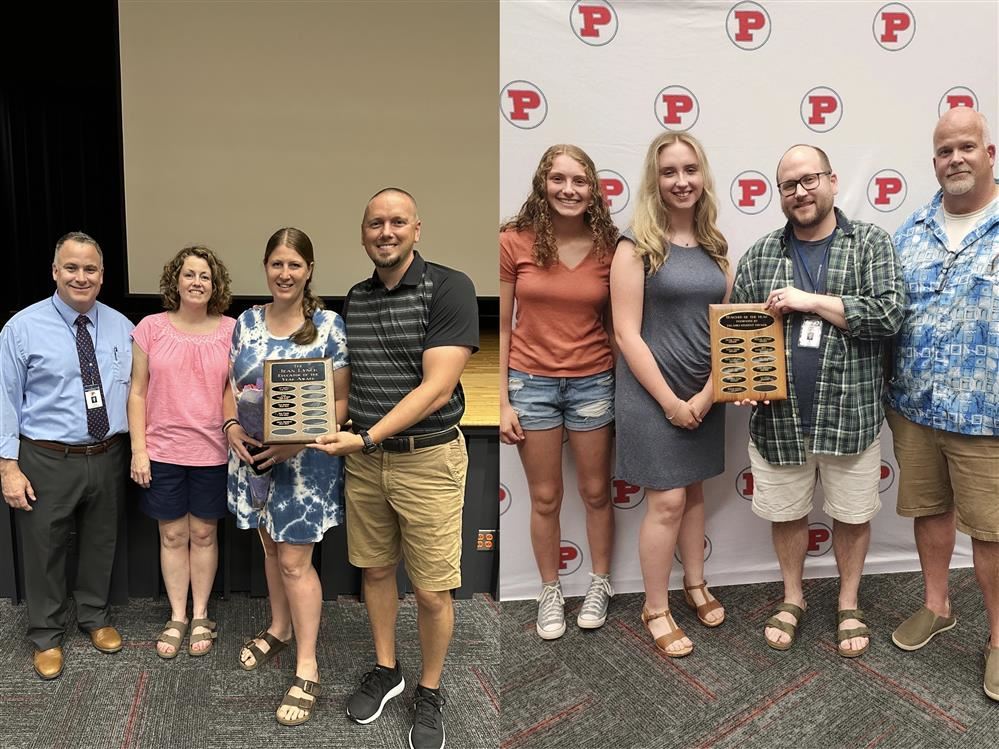  Aimee Mumford and Ian Stine posing with their newly-received Educator of the Year awards. 